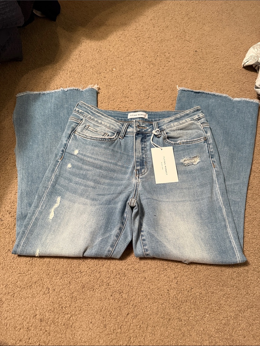 Flying Monkey Light Blue Flare Jeans with Raw Hem with lots of stretch - Picture 3 of 4